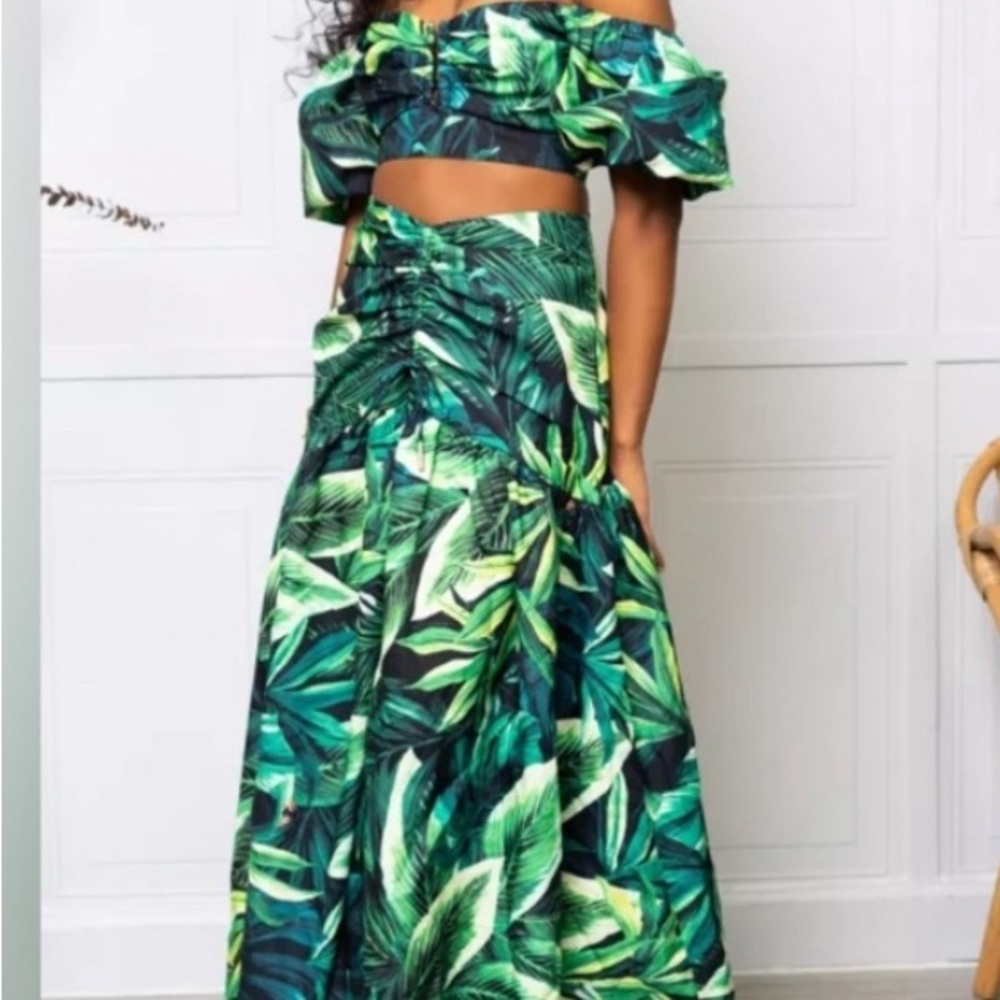 Tropical Green Leaf Print Maxi Skirt Set
